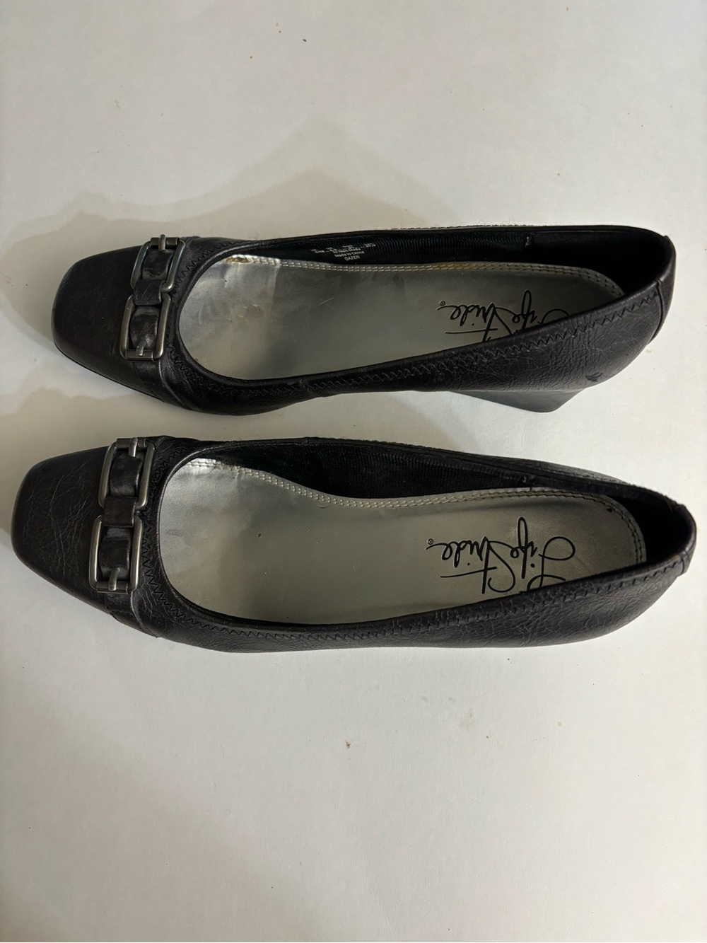 Life Stride Women’s Gray Leather Square-Toe Black Wedge Heels Size 8.5M - Picture 5 of 9